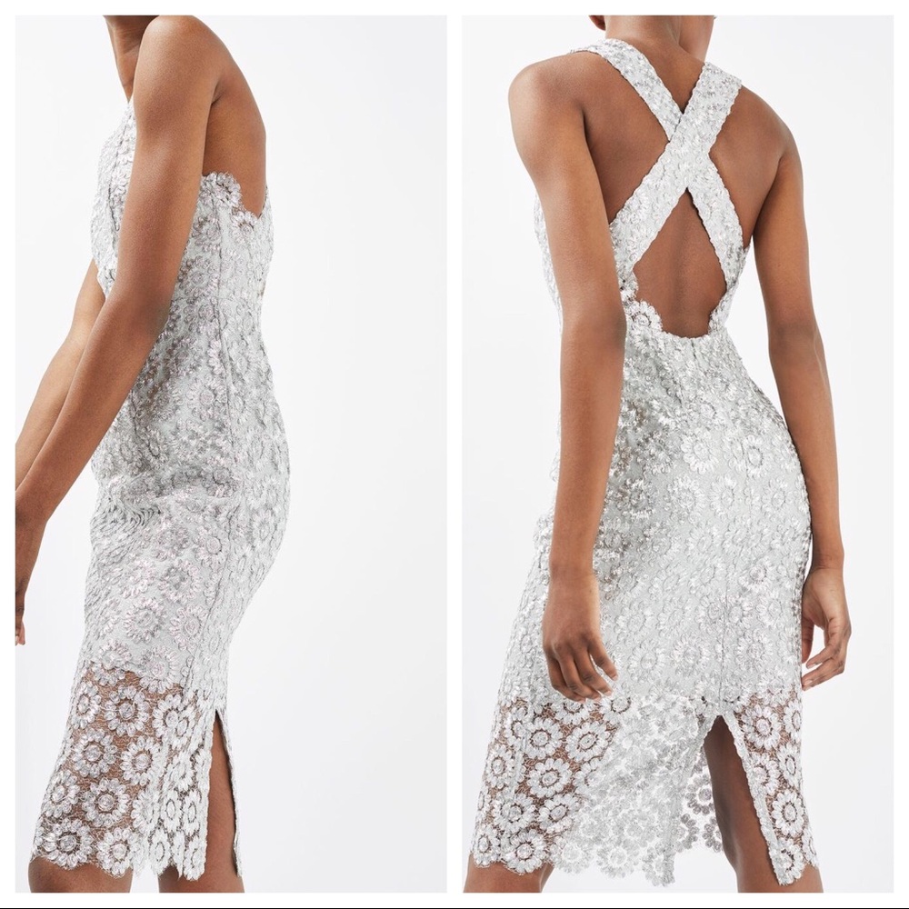 Topshop metallic floral lace plunge midi dress